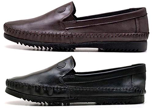 Ki 2 Pares Sapatilha Masculina de Couro Legitimo Mocassim (41, Preto e Café)