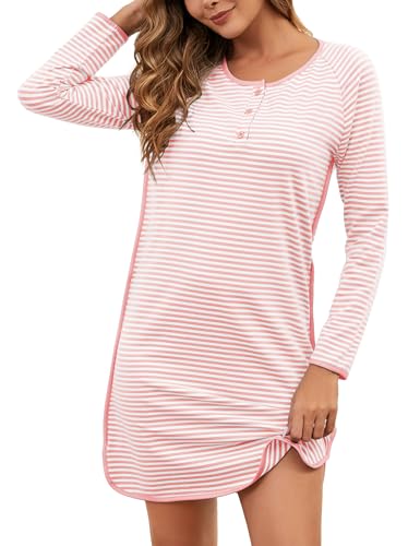 VibeVista Nightgowns for Women Soft Cotton Striped Sleepwear Sleep Shirts Long Sleeve Crew Neck House Dresses Night Gown