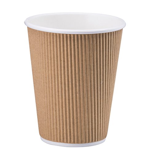 NYHI Set of 100 Brown Disposable Paper Cups with White Lids (8-oz) | Ripple Insulated Kraft for Hot Drinks - Tea & Coffee | Triple Layer Design |Durable Paper
