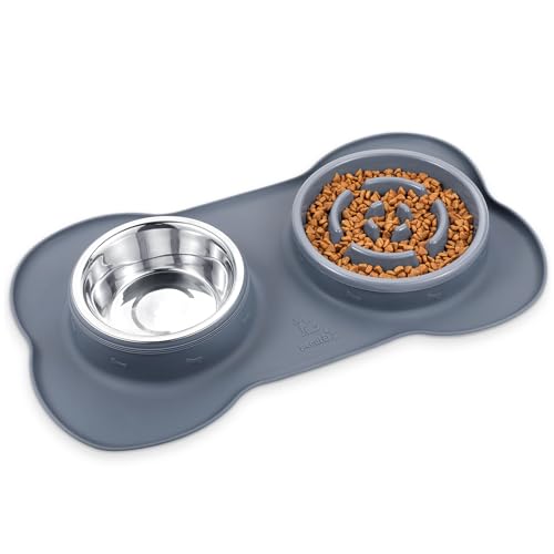 Pecute Futternapf Fressnapf Hunde Katzen, Langsame Fütterung, Hundenapf Edelstahl Katzenapf mit Rutschfesten Silikon Tablett Matte,Schüsel Lebensmittel Wassernapf Grau L-17.6oz,500ml/bowl