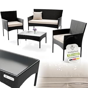 Juskys Polyrattan Sitzgruppe Fort Myers 4 Personen mit 2er Sofa, 2 Stühle, Tisch & Sitzkissen wetterfest schwarz/Creme Balkonmöbel Gartenmöbel Set
