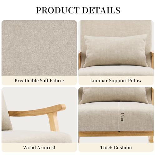 Image of SAETSFEG Rocking Chair for Nursery with Lumbar Pillow, Upholstered Accent Chair with Solid Rubberwood Frame, Living Room & Bedroom, Cozy Reading Chair for Small Spaces, Lightgrey
