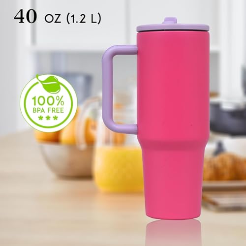 Image of 1200ML Stainless Steel Tumbler with Handle & Flip Straw | Leak Resistant, Insulated Water Bottle with Rubber Base | Travel, Gym & Car Cup Holder Friendly (Pink Dahlia)
