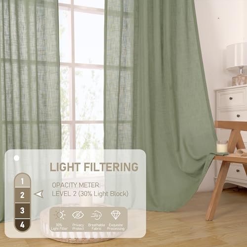 LAMIT Sage Green Linen Curtains 30 Inch Length, Semi Sheer Light Filtering Window Panels Back Tab and Rod Pocket Drapes for Kitchen/Basement/Small Windows, 25 x 30 Inch, 2 Panels