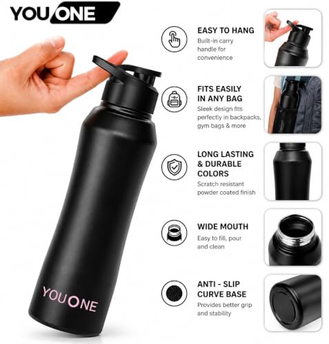 Image of YOUONE Stainless Steel 1000 ML Water Bottle /Thunder for fridge /School /Outdoor /Gym /Home /office /Boys /Girls /Kids, Leak Proof And BPA Free (Black)