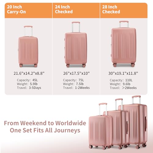 Image of Kono 3 Piece Expandable Luggage Set 20 /24 /28inch Suitcases for Long Travel | Lightweight PC+ABS hardshell suitcases set with TSA locks, 360 Silent spinner wheels, Expandable Design, Nude /Rose Gold