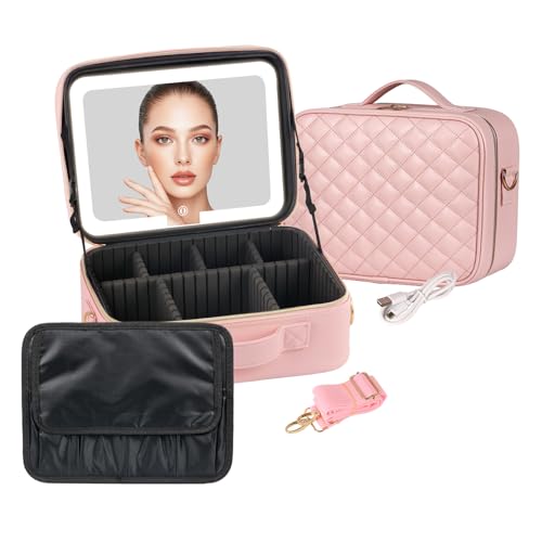 BEAUTY CASE Makeup Bag with Led Mirror, 12 Inch Portable Travel Cosmetic Organizer Case with Adjustable Dividers, USB Charging, Large Capacity, Ideal for Travel, Gift for Women Girls, Pink