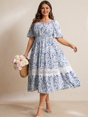 Image of RWJ Women's Plus Size Maxi Dress Short Sleeve Square Neck Flowy A-Line Lace Trim Flutter Party Casual Off Shoulder Dresses