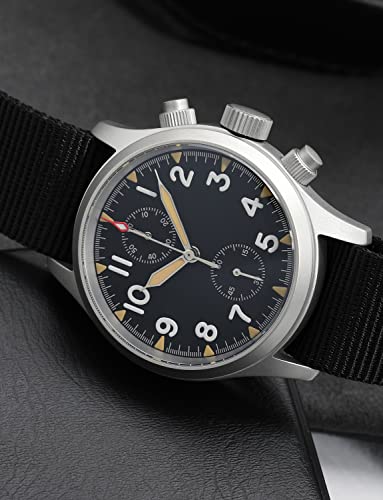 Tactical Frog Militado Men's Chronograph Watch 39Mm Military Vk61 Quartz Movement Dress Watches 316L Stainless Steel Case Sport Watch With Black Nylon Band, Black Dial #TOP7
