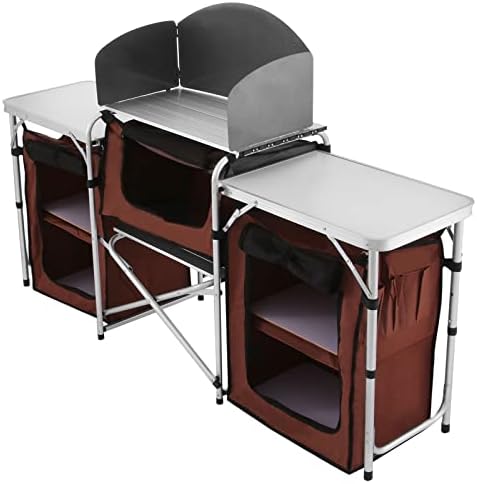 Happybuy Camping Kitchen Table, 3 Storage Organizer, Aluminum Windscreen Outdoor Folding Grill Station with 2 Side Tables, Camping Supplies and Accessories for BBQ Picnic Fishing Party Use, Brown