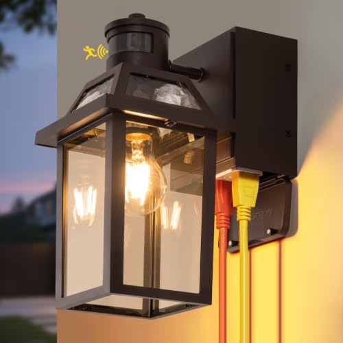 Image of Yisuro Porch Lights with GFCI Outlet, Dusk to Dawn Motion Sensor Outdoor Light, 3 Lighting Modes Exterior Fixture, Outside for House Front Door Patio Garage(1 Pack Brown)