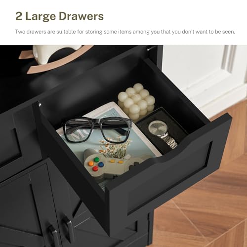 Image of TEENFON Storage Cabinet with Doors & 2 Drawers, Kitchen Cabinet with Adjustable Shelf, Pantry Cabinets, Bathroom Cabinets, for Living Room, Entryway, Home Office, Black