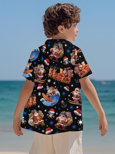 Image of THE PIRATE KING Funny Pirate Hawaiian Shirt Boys Girls Beach Tropical Casual Short Sleeve Button Down Shirt for 5-14 Years