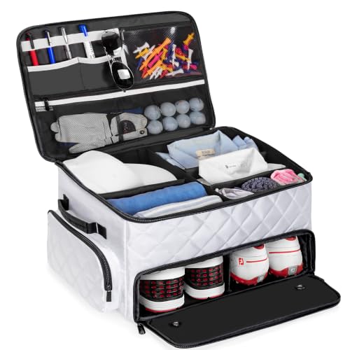 Image of PGmoon 2 Layer Golf Trunk Organizer, Golf Car Storage Organizer with Individual Ventilated Compartment for 2 Pairs Shoes, Golf Car Locker for Balls, Clothes, Tees, Gloves, Accessories (White)