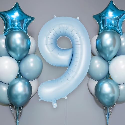 Image of Light Blue Number 9 Balloon, 40 Inch Big Large Foil Number Balloons, Giant Mylar Number 9 Balloons for 9 Year old Birthday Baby Party Decorations Supplies Anniversary