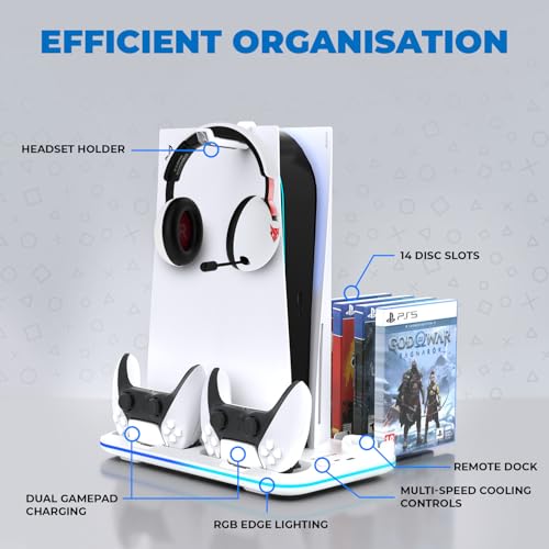 Image of EvoFox Frostdock 5 PS5 Cooling Dock with Dual Controller Charging Station, 3 Speed Fan up to 3900 RPM, 14 Disc Storage, 19 Mode RGB Lighting, USB Port, Vertical Stand for PS5 Digital Disc Slim & Pro