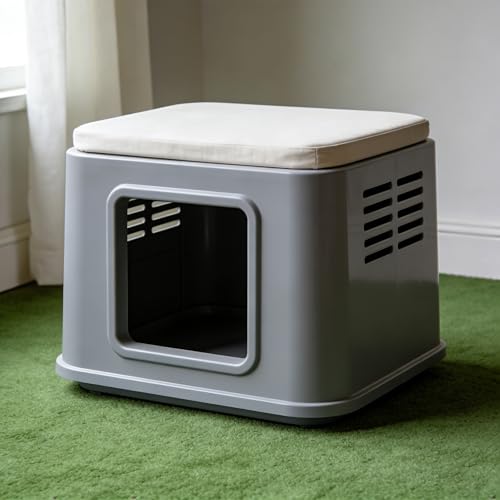 室内外兼用プラスチック製猫小屋（マット付き）、小型ペット用のユニークな猫用シェルター、広々とした設計で組み立て簡単