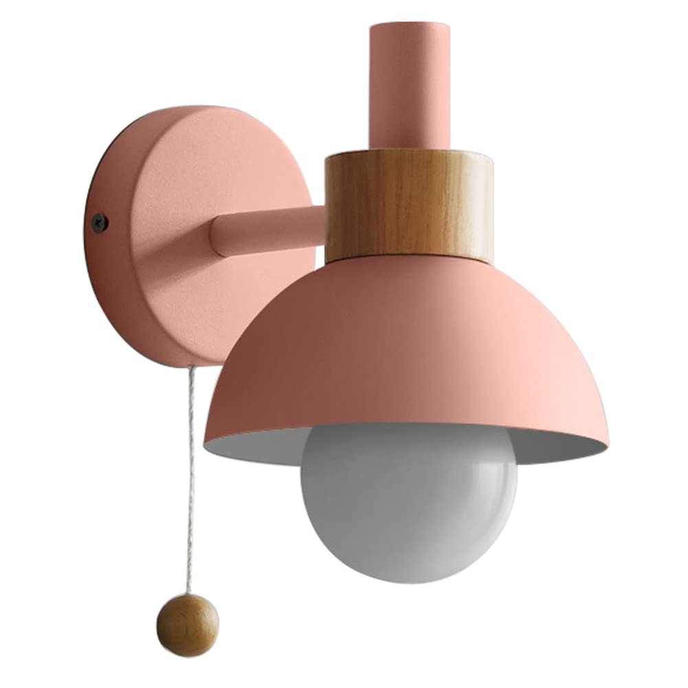 HUAYUSEDF Wall Sconce Lamps Lighting Fixture with Pull Cord Switch, Solid Wood Macaron lamp Bedside Lights for Living Room Aisle Children's Kid's Bedroom (Green)(Pink)