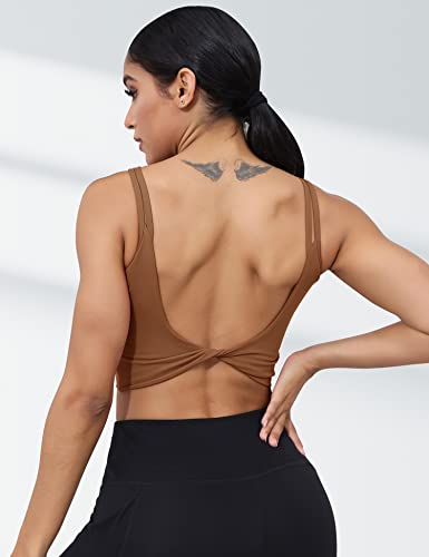 Image of LUYAA Womens Workout Sports Bras Backless Padded Yoga Tank Tops Crop Twist Low Back Cami Bra for Gym