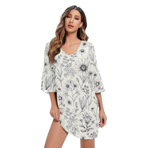 Robe motif hawaïen beige vintage col V aux finitions raffinées manches 3/4