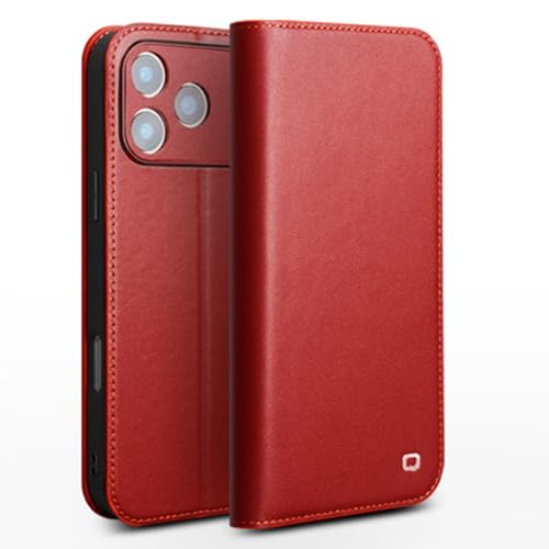 Genuine Leather Case for iPhone 17/17 Air/17 Pro/17 Pro Max, Handmade Wallet Flip Folio Phone Case Camera Protection Business Cover Red