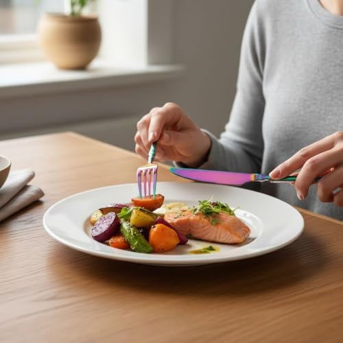 Image of 16 Pcs Rainbow Slim Handle Stainless Steel Cutlery Set for Dining Table with Spoons and Forks Set + Butterknives - The Perfect Tableware /Flatware