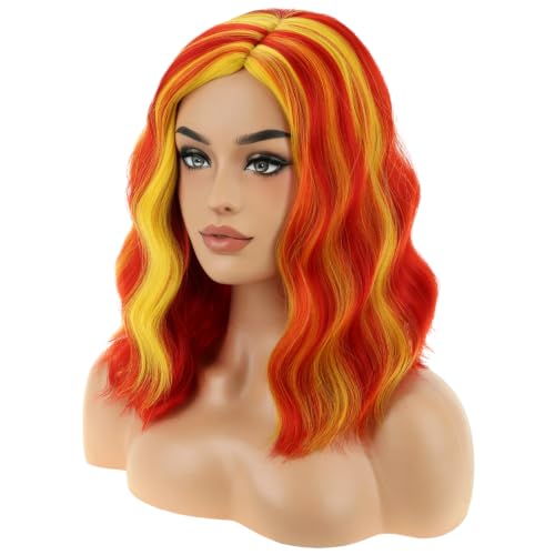 Image of BERON Red and Yellow Short Curly Wavy Women Wig Red Mixed Golden Side Part Wigs Flag Heat Resistant Synthetic Wig Halloween Cosplay Costume Party Wigs