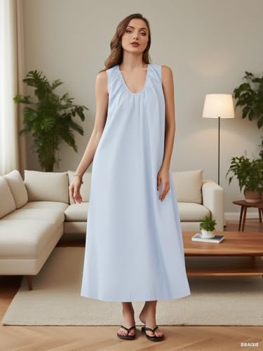 Image of OLAPTA Women Summer Sleeveless Maxi Dress Scoop Neck Ruched Loose Fit Casual Elegant Solid Vacation Long Dress with Pockets