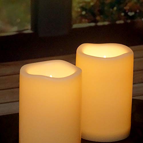 Image of Waterproof Outdoor Flameless Candles with Remote, Set of 2, Large 4 inch x 6 inch Battery Operated Electric LED Pillar Candle Set for Home Decor Party Wedding Supplies Garden Christmas Decoration Gift