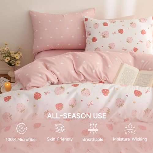 Image of Girls Duvet Cover Set Twin Size Pink White Strawberry and Heart Pattern Reversible Bedding Set Cartoon Cute Style,Soft Microfiber Comforter Cover with Zipper Closure and 1 Pillowcase
