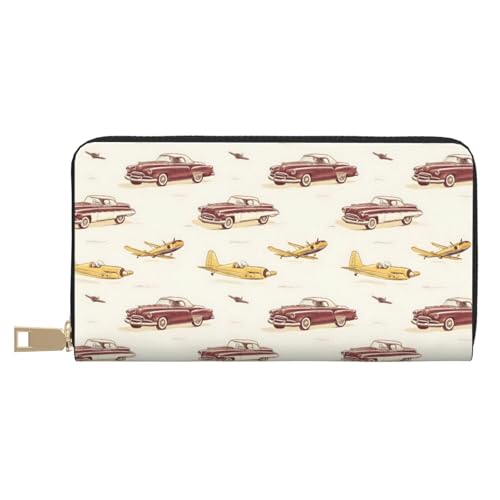 Vintage Airplane Car Print Wallet Women, Leather Bifold Multi Card Wallet, Long Purse Women's Wallets