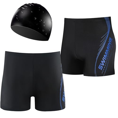 wenweo Badehose Herren Kurz,Badeshorts Herren,Bequeme Schwimmhose im Klassischen Design und inklusive Schwarzer Silikon Badekappe(L