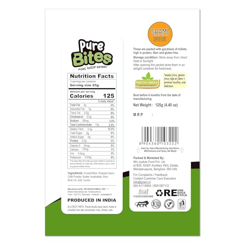 Image of Grami Superfoods Pure Bites Millet Butter Karasev - 125g | Healthy Indian Snacks | Millet Snacks | No Maida | No Preservative | High Protein & Fiber Snack | Low GI | Healthy Namkeen For Kids & Adults | Weight Loss Namkeen | Sugar Free | Diabetic Friendly Namkeen