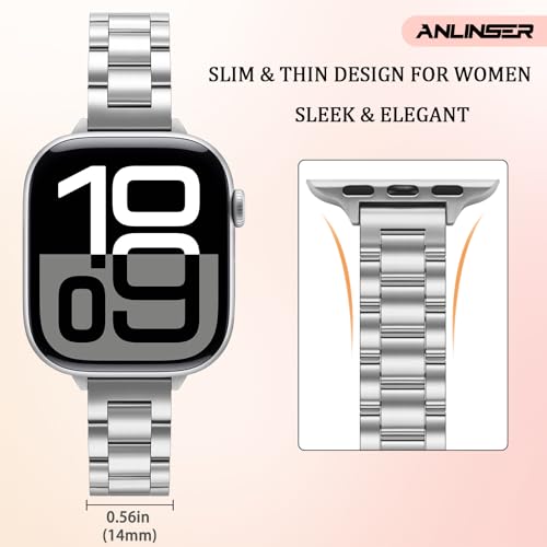Image of Anlinser Bands Compatible with Apple Watch Band 49mm 46mm 45mm 44mm 42mm, Women Slim Stainless Steel Metal Strap for iWatch Ultra 2 Series 10 9 8 7 6 5 4 3 2 1 SE (Silver)