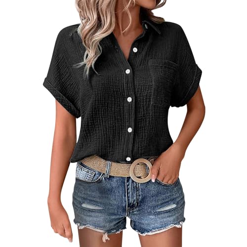 Musselin Bluse Hawaii Hemd Damen Oberteile Elegant Kleid Kurzarm...