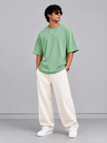 Image of PeaceOut Oversized T Shirt for Men | 240 GSM Heavyweight Cotton T Shirt | Drop Shoulder Oversized Tshirt for Men | Baggy Loose Fit Streetwear Round Neck Half Sleeve Casual Wear