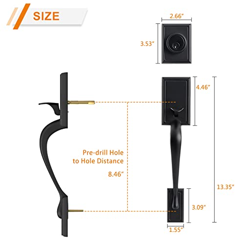 Natsukage Front Door Handle Set Heavy Duty Double Door Lock Set Matte Black Double Door Handle Set With Dummy, With Single Cylinder Deadbolt And Lever Handle, Reversible For Right & Left Handed Doors #TOP1