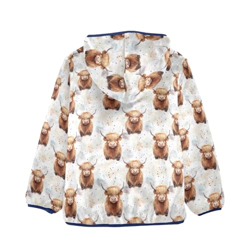 Cute Highland Cow Pattern Boys Fleece Coat,Children's Zip-Up Hoodie Jacket,Baby Warm Fashion Outerwear 3-10T,A1133232