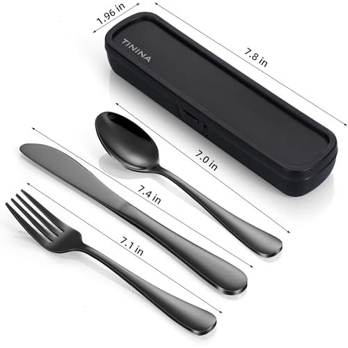 Camping Besteck, 4 Stück Edelstahl Reisebesteck mit Etui, Verstärktes Gehäuse mit Schnallen-Design, Campingbesteck für Outdoor, Reise, Arbeit, Schule, Spülmaschinenfest, Schwarz