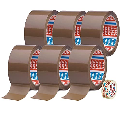TESA 6 Rollen Klebeband Braun 64014 - Paketband 50mm x 66m - Paketklebeband leise abrollend + Gratis Tesafilm [15mm x 10m]