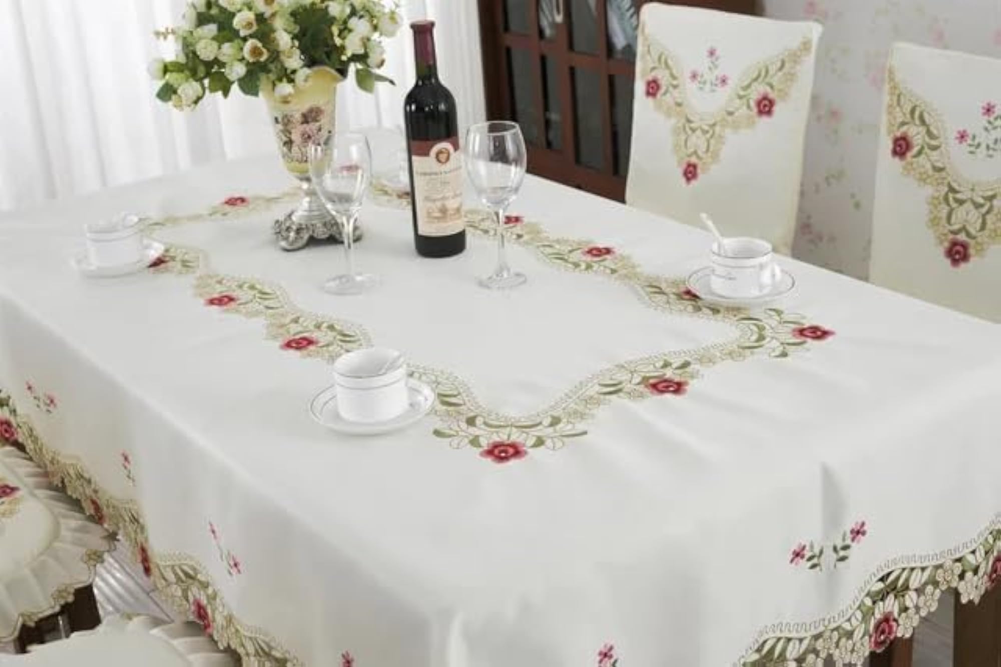 Satin Embroidery Cut Work 6 Seater Table Cover