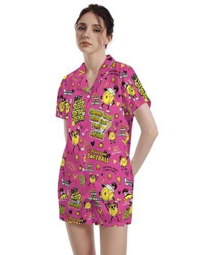 Image of Funny Pajamas for Women Set Print Satin Loungewear Pjs Short Sleeve Button Down Top and Shorts Sets Sleepwear XS-3XL