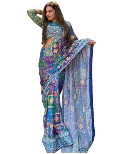 Image of Sidhidata Women's Chinon Ajrakh Printed Mirror Patch Work Saree With Unstitched Blouse Piece (Rangrez Blue Blue Free Size)