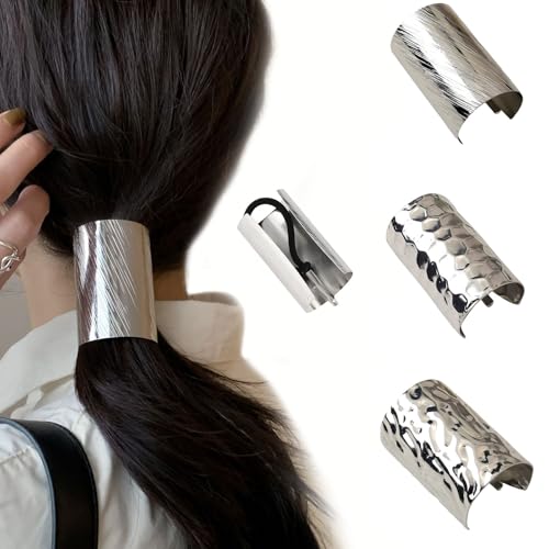 papasgix 3 Metal Hair Ties, Ponytail Cuffs - Gold & Silver Hair Accessories