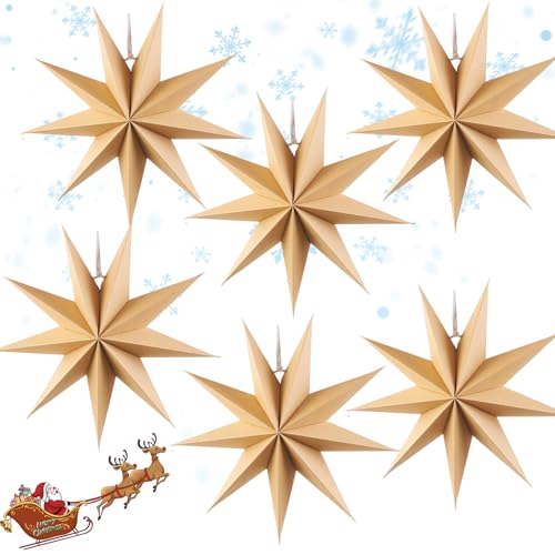 OMIGA 6 Piezas Estrellas de Papel Navidad Linternas Papel Estrella Navidad Decoracion Hogar para Decorativas de Fiesta de Navidad Habitaciones Cumpleaños y Bodas (Color Kraft)