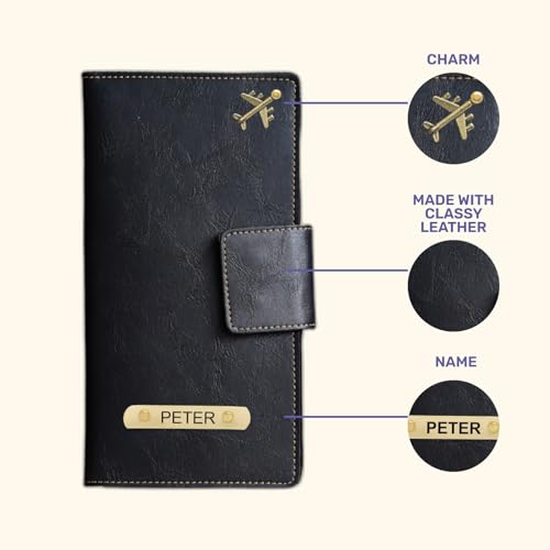 Image of Customized Travel Wallet with Name Engrave | Personalised Passport Holder for Women | Customised Passport Cover for Men and Women | Travel Organizer Gift Wallet (Black)