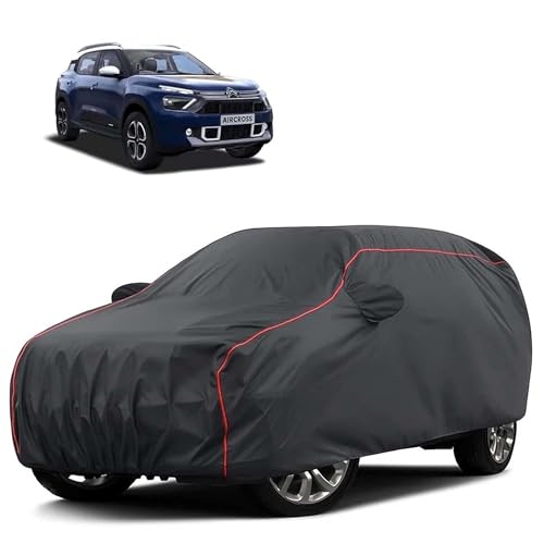 Image of Sulfar 100% Water Resistant Car Body Cover Compatible with Mirror for CITROEN AIRCROSS (Triple Stitched, Full Bottom Elastic, Dark Grey Tafetta with Red Piping)