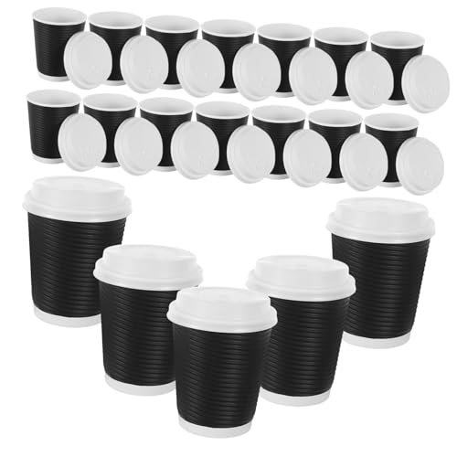 GOOHOCHY 50個入り断熱波紋紙コーヒーカップ 蓋付き 使い捨てホット コールドドリンク用 クラフト紙製 オフィス ホーム パーティー カフェ対応