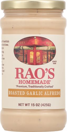 Image of Rao's Homemade Alfredo Sauce, Roasted Garlic Alfredo, 15 oz, Rich & Creamy Pasta Sauce, Carb Conscious, Keto Friendly, Premium Quality, Blend of Parmesan & Romano Cheese, Cream and Butter (Pack of 4)