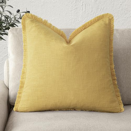 Image of Foindtower Decorative Linen Fringe Throw Pillow Covers Cozy Boho Farmhouse Cushion Cover with Tassels Accent Pillowcase for Chair Sofa Bed Living Room Home Decor, 20x20 Inch,1PC,Ginger Yellow
